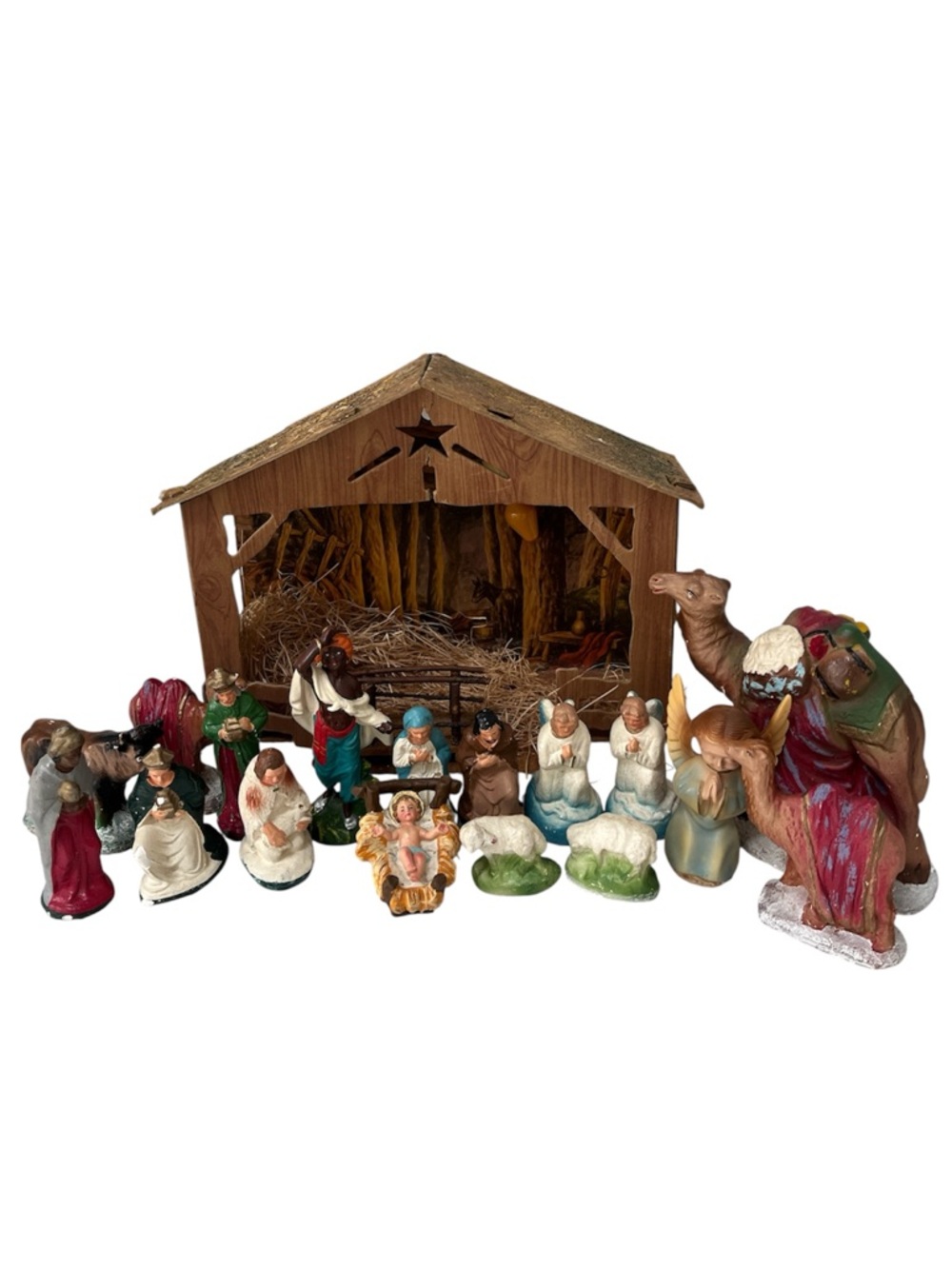 Antique Vintage 1940s Nativity Set
Figurines & Wood Manger With Working Light